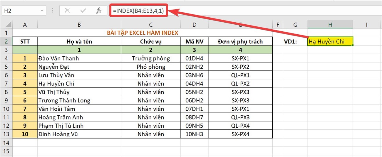 Phân Tích Cách Sử Dụng Hàm Index Trong Excel Qua Ví Dụ Cụ Thể